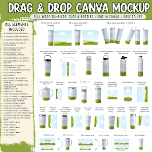 May include: A digital mockup featuring various tumblers, cups, and bottles. Includes straight, tapered, and triple-walled skinny tumblers, Stanley Iceflow tumblers, sippy cups, water bottles, and wine tumblers. The image also shows wraps for the tumblers.