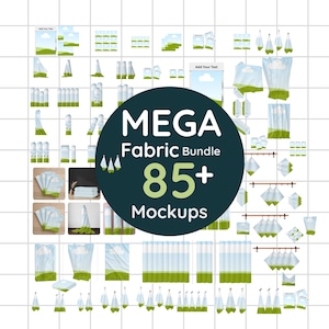 May include: A digital collection of over 85 fabric mockups featuring a landscape print of green hills and a blue sky with white clouds. The central dark circular graphic displays the white text MEGA Fabric Bundle 85+ Mockups.