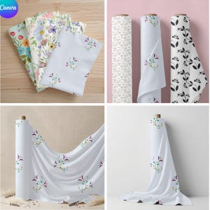 May include: A collection of fabric rolls and folded swatches featuring various patterns, including a white fabric with a repeating purple and green floral motif, a black and white botanical print, and a light-colored textile with small icons.