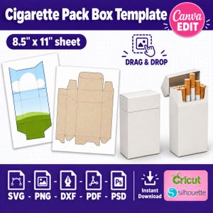 Puede incluir: Una plantilla digital de caja de cigarrillos para una hoja de 8,5" x 11", que incluye un diseño plano con gráfico de cielo azul y colinas verdes, un diseño marrón liso y dos cajas blancas ensambladas, una de ellas con cigarrillos blancos.