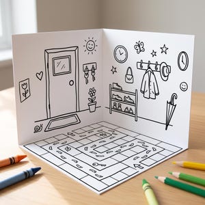 以下が含まれることがあります： ドア、コート掛け、靴棚、足跡の道が描かれた床ゲームが黒い線画で印刷された白い塗り絵用紙。紙の周囲には数本のカラフルなクレヨンが置かれています。
