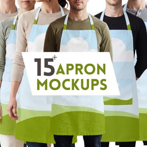May include: A collection of aprons featuring a light blue sky with white clouds and a green rolling hills landscape pattern. A white rectangular overlay in the center displays the dark gray and olive green text 15+ APRON MOCKUPS.