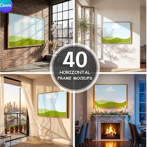 May include: Four horizontal frame mockups are presented, each in a different interior. The frames feature a landscape with a blue sky, a white cloud, and green hills. The image includes the text "40 HORIZONTAL FRAME MOCKUPS".