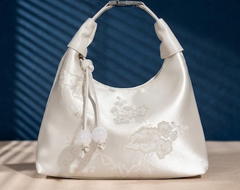 White Silk Embroidered Hobo Bag Handmade Floral Satin Shoulder Bag Elegant Wedding Purse Evening Handbag Minimalist Chic Gift for  Handbag