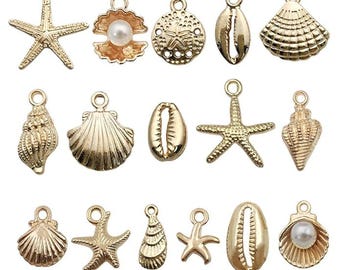 16PCS Gold Plated Beach Charms, Starfish Seashell Pendants, Ocean Jewelry Making