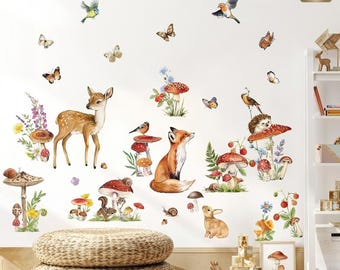 Woodland Animal Wall Stickers, Mushroom Deer Fox Peel and Stick Wall Decals for Kids Nursery Bedroom