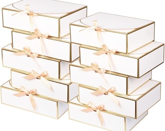 10 Pack White Gift Boxes with Gold Trim and Ribbons, Large Bridesmaid Proposal Boxes
