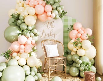 Sage Green Pink Balloon Arch Kit 124pcs Pastel Peach White for Baby Shower Party