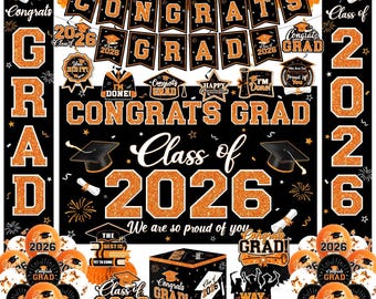 Class of 2026 Graduation Decorations, Orange Black Congrats Grad Banner Swirls