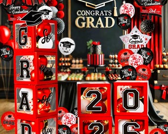 Graduation Decorations Class of 2026 Party Decor – Red Black Balloons, Boxes