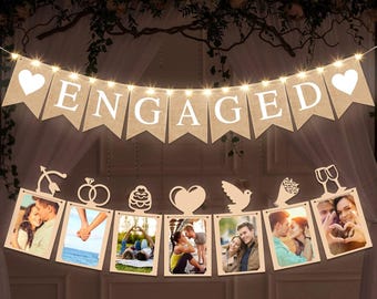 Engaged Burlap Banner Set, Engagement Party Banner and Photo Banner, Rustic Wedding Shower Decorations