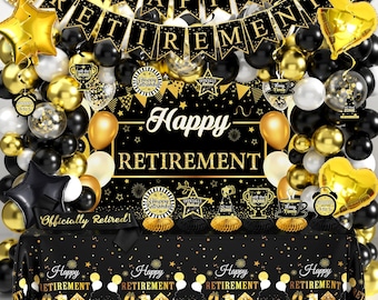 Black Gold Retirement Party Decorations Set, 109PCS Banner Balloons Backdrop Sash Supplies
