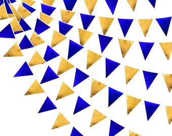 Royal Blue Gold Pennant Banner, Navy Blue Triangle Flag Garland, Graduation Birthday Wedding Retirement Decor