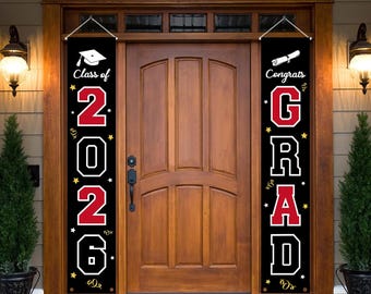 Class of 2026 Graduation Porch Banner Set, Red Black Gold Congrats Grad Door Sign