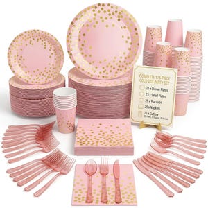 May include: A 175-piece party set featuring light pink paper plates, cups, and napkins decorated with gold foil dots. The set includes 25 dinner plates, 25 salad plates, 25 9oz cups, 25 napkins, and 75 pieces of rose gold plastic cutlery.