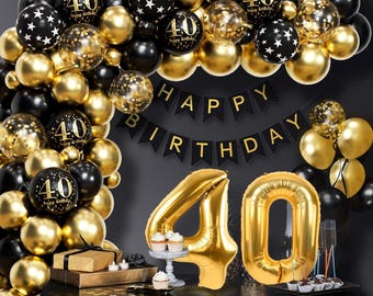 40th Birthday Balloon Arch Kit, Black Gold Party Decorations, Happy Birthday Banner, Foil Balloons