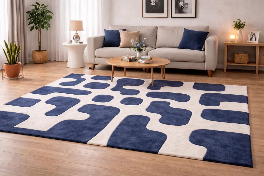 Modern Abstract Navy Blue & Cream Area Rug - Etsy