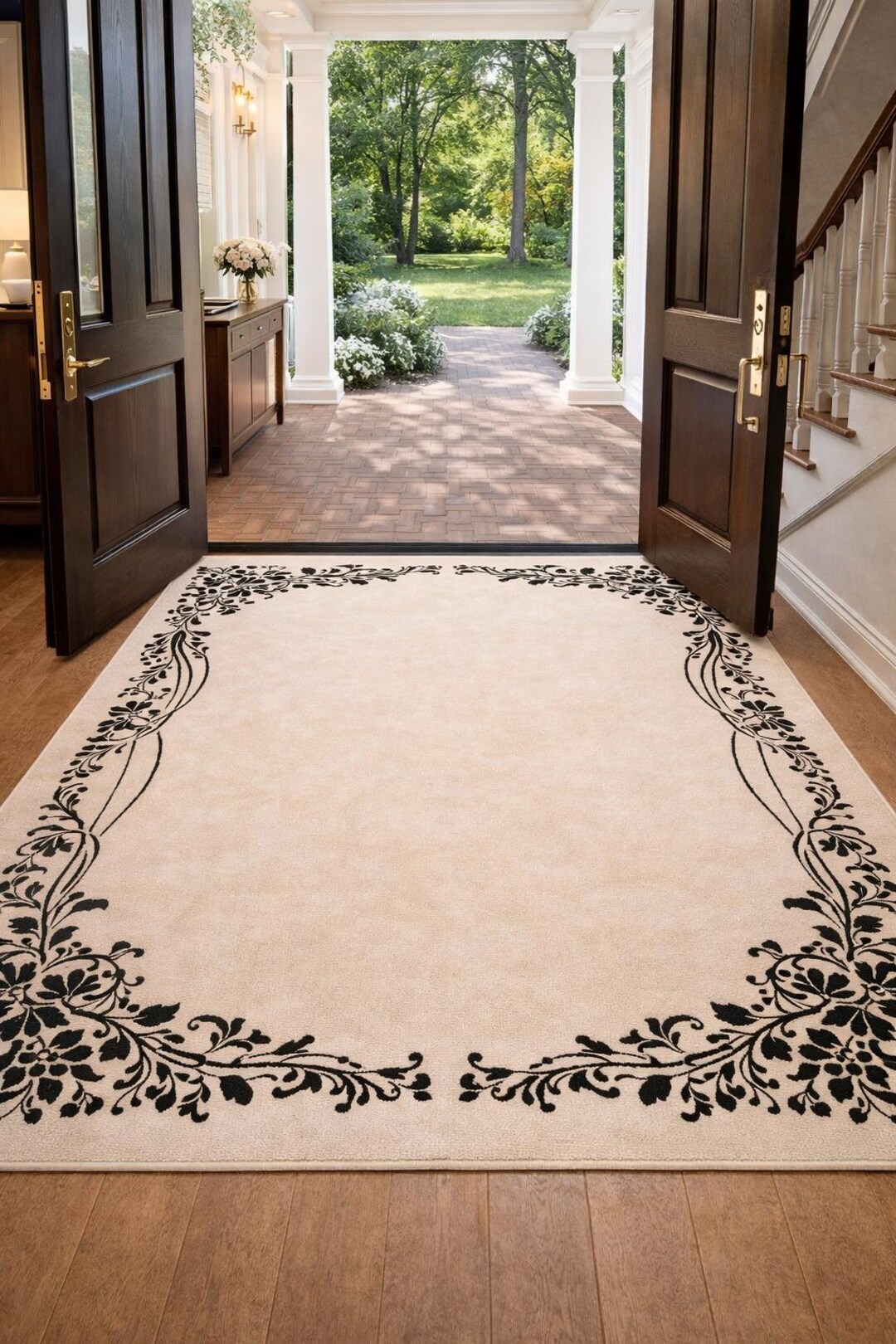 Deco Border Rug Elegant Cream Floral Border Area Rug – Modern Decorative Carpet for ...