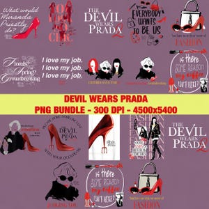 May include: A collection of digital art featuring quotes and illustrations inspired by the movie "The Devil Wears Prada." The designs include high heels, handbags, and fashion-related text, all set against a purple background.