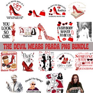 May include: A collection of red and black graphic designs and illustrations, including high heels, handbags, and text from the film "The Devil Wears Prada." The designs feature quotes and phrases related to fashion and style.