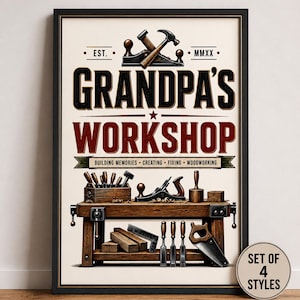 Könnte beinhalten: Gerahmter Druck mit dem Text "GRANDPA'S WORKSHOP" über einer detaillierten Illustration von Holzbearbeitungswerkzeugen auf einer Werkbank. Der Druck enthält den Text "BUILDING MEMORIES • CREATING • FIXING • WOODWORKING" und "SET OF 4 STYLES".