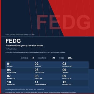 May include: A medical reference guide titled "FEDG Frontline Emergency Decision Guide." The cover is a gradient of red and blue with the title in large white letters. The guide lists 12 sections and 176 pages.