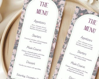 Menú floral, comida, plantilla editable de invitación de Canva 4x9