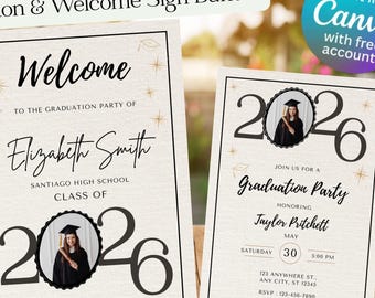 Paquete de plantillas de Canva para invitación y cartel de bienvenida editables para la graduación de 2026