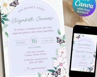 Quinceañera Spanish & English Lavender Canva Template Invitation