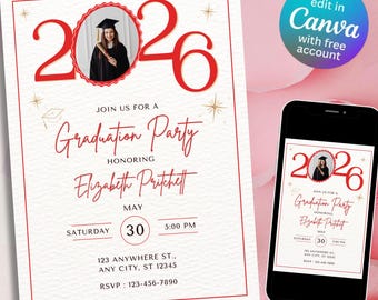 Invitación editable en Canva para graduados en rojo y blanco