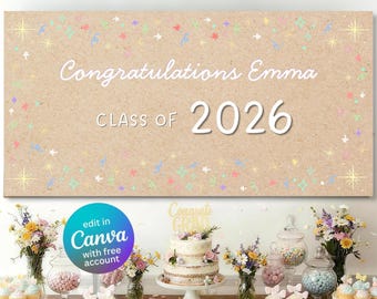 Plantilla editable de Canva para pancarta de graduación 2026, 72x36 pulgadas.