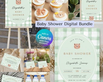 Paquete de invitaciones editables de Canva para baby shower con osito de peluche a cuadros