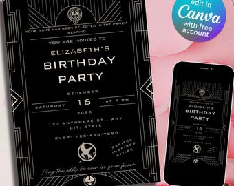 Plantilla digital de Canva inspirada en Los Juegos del Hambre para invitaciones