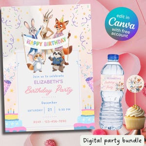 May include: A digital party bundle featuring a birthday invitation with cartoon animal characters holding a "Happy Birthday" banner. Includes a water bottle with a matching label, a cupcake with a topper, and the text "edit in Canva with free account".