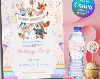 Paquete de invitaciones de cumpleaños de Zootopia: Plantillas editables de Canva (Descarga digital)