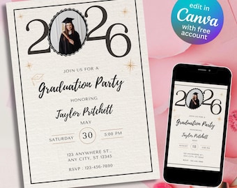Plantilla editable de Canva para invitación de graduación en color beige, tamaño 5x7.