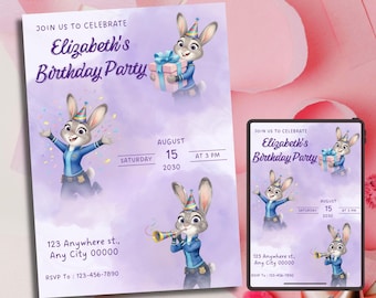 Plantilla de invitación digital morada de Zootopia