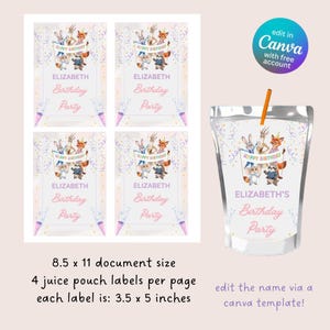 May include: Juice pouch labels with a birthday theme. The labels feature cartoon animals holding a banner that says "Happy Birthday". The labels are for "Elizabeth's Birthday Party". The labels are 3.5 x 5 inches.