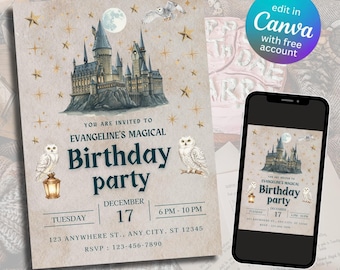Plantillas editables de Canva para invitaciones de cumpleaños mágicas con diseño de castillo de mago