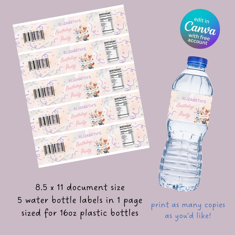 May include: Sheet of water bottle labels with a birthday theme. The labels are light pink with illustrations of animals and the text "ELIZABETH'S Birthday Party". A water bottle with a matching label is also shown.