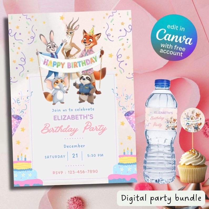 May include: A digital party bundle featuring a birthday invitation with cartoon animal characters holding a "Happy Birthday" banner. Includes a water bottle with a matching label, a cupcake with a topper, and the text "edit in Canva with free account".
