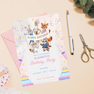 May include: A birthday party invitation with cartoon animal characters holding a banner that reads "HAPPY BIRTHDAY". The invitation is pink and features text that says "Join us to celebrate ELIZABETH'S Birthday Party" with date and time details.