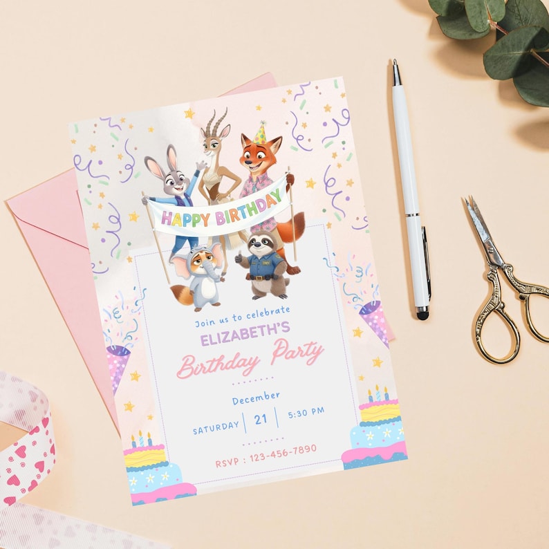 May include: A birthday party invitation with cartoon animal characters holding a banner that reads "HAPPY BIRTHDAY". The invitation is pink and features text that says "Join us to celebrate ELIZABETH'S Birthday Party" with date and time details.