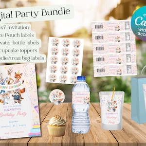 May include: A digital party bundle with a 5x7 invitation, juice pouch labels, 16oz water bottle labels, 2x2 cupcake toppers, and 5x8 goodie bag labels. The invitation features cartoon animals and the text "Happy Birthday".