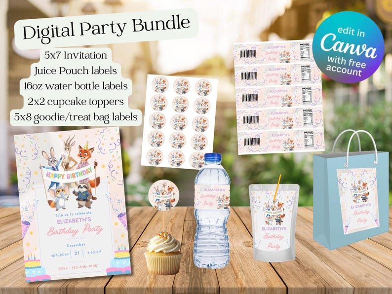May include: A digital party bundle with a 5x7 invitation, juice pouch labels, 16oz water bottle labels, 2x2 cupcake toppers, and 5x8 goodie bag labels. The invitation features cartoon animals and the text "Happy Birthday".