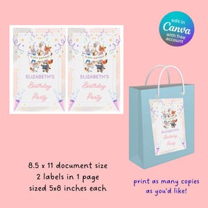 May include: Light blue gift bag with a label featuring cartoon animals and the text "Happy Birthday" and "Elizabeth's Birthday Party." The label is 5 x 8 inches. The image also shows two labels and text that says "print as many copies as you'd like!"