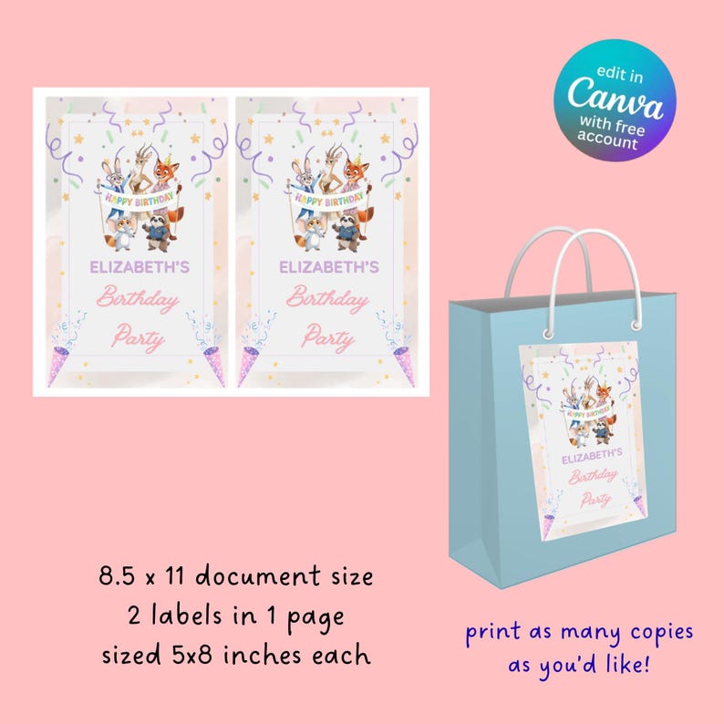 May include: Light blue gift bag with a label featuring cartoon animals and the text "Happy Birthday" and "Elizabeth's Birthday Party." The label is 5 x 8 inches. The image also shows two labels and text that says "print as many copies as you'd like!"