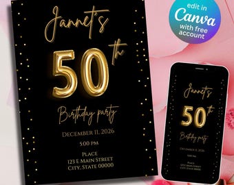 Plantilla digital de Canva en negro y dorado para el 50 cumpleaños