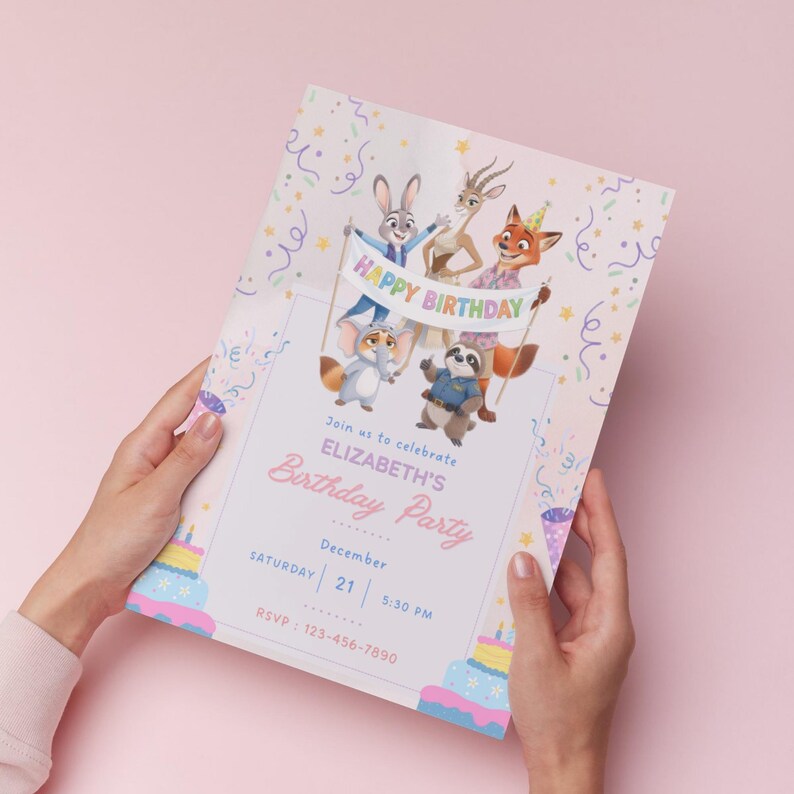 May include: A birthday party invitation featuring cartoon animal characters holding a banner that reads "HAPPY BIRTHDAY." The invitation includes the text "Join us to celebrate ELIZABETH'S Birthday Party" with date and time details. The invitation is held by hands against a pink background.