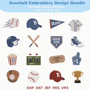 May include: A baseball embroidery design bundle featuring 16 icons including a baseball, blue and red caps, a pennant with the text CHAMPS, a jersey with number 23, bats, a home run sign, a shoe, popcorn, a scoreboard, an admit one ticket, a foam finger, a glove, and a trophy.